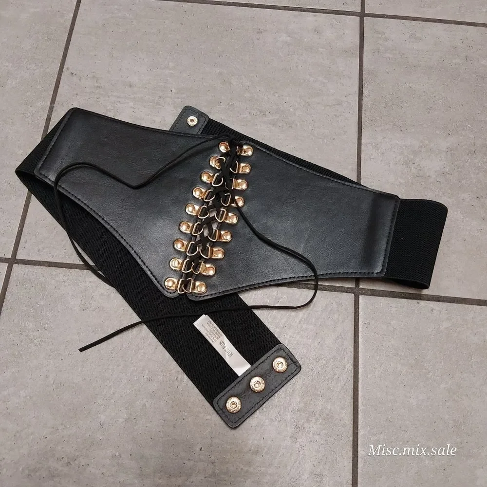 Chic Corset-Style Elastic Waist Belt – Black & Gold PLUS size Lace-up
